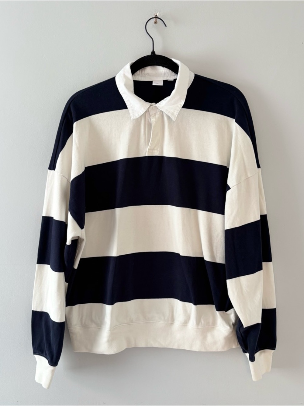 TNA Mighty Cotton Lomu Pullover Sweater Polo Stripes Long Sleeve Navy Aritzia - Picture 2 of 6